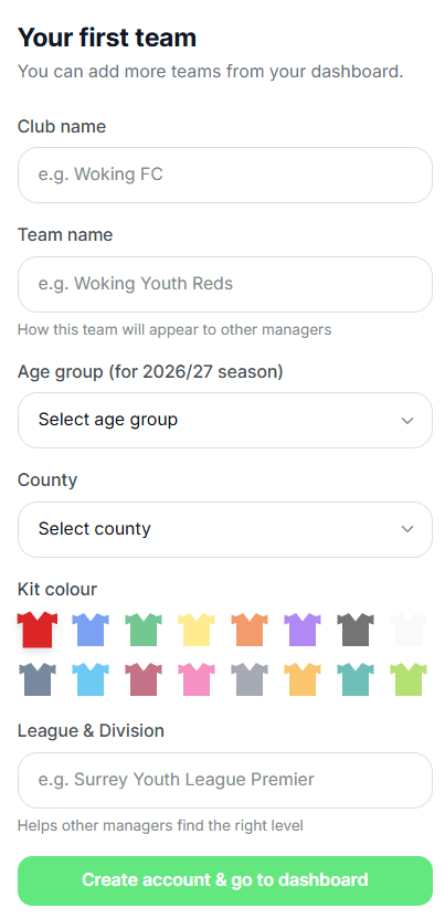 Create your first team form