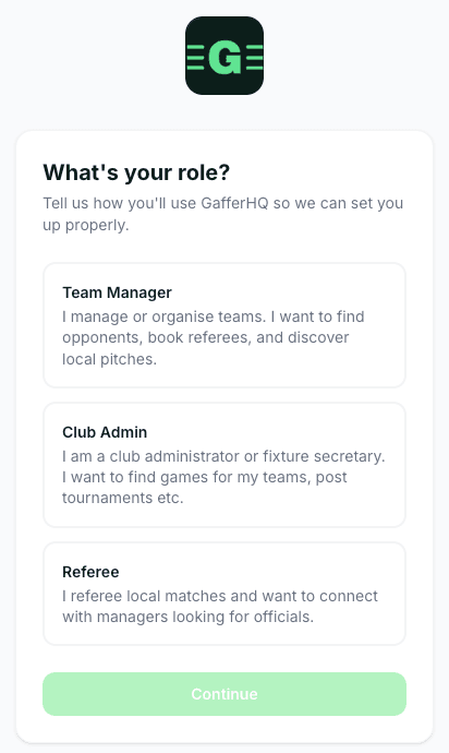 Pick your role screen showing Team Manager, Club Admin and Referee options