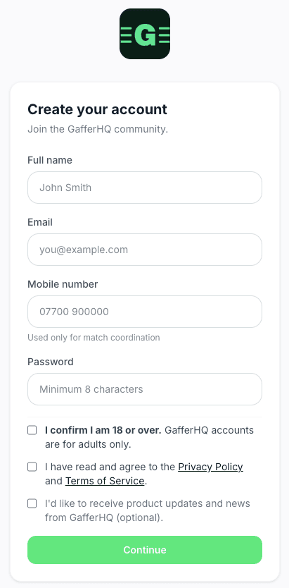 GafferHQ sign-up screen showing the Manager/Referee toggle and account fields